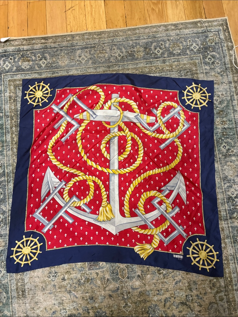 Vintage Nautical Anchor Rope Print Silk Scarf - Red, Gold, & Navy - Coastal Prep